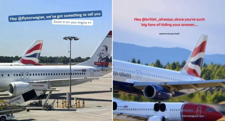 Split image showing two British Airways planes on the tarmac: left panel has a blue speech bubble saying 'Hey @fly Norwegian, we've got something to tell you'; right panel shows red text over the fuselage about big fans of hiding your answer.