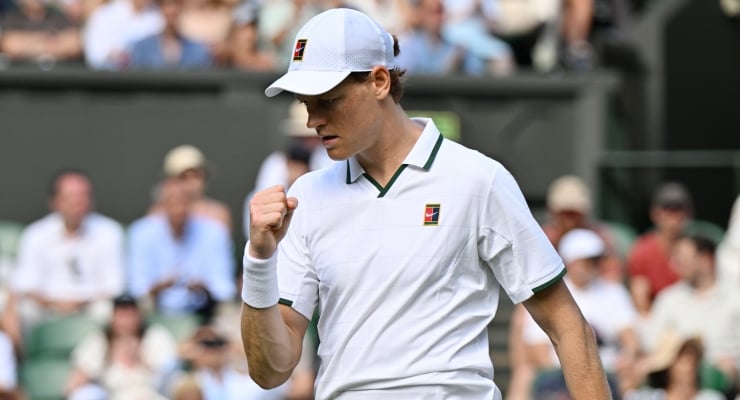 Tennis player in a white polo and cap pumps his fist on the court, with a blurred crowd in the background.