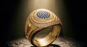 Gold championship ring encrusted with diamonds and blue stones under a spotlight, highlighting the intricate design.