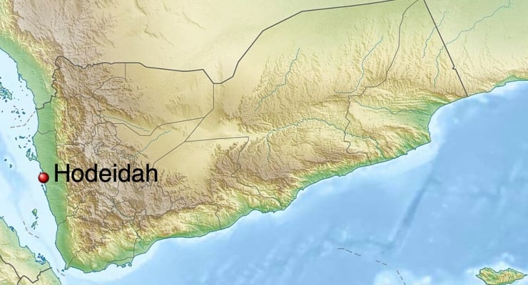 Red pin marking Hodeidah on a coastal relief map of Yemen