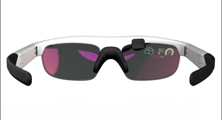 White frame smart glasses with dark mirrored lenses and a built-in right-lens display, for augmented reality features.