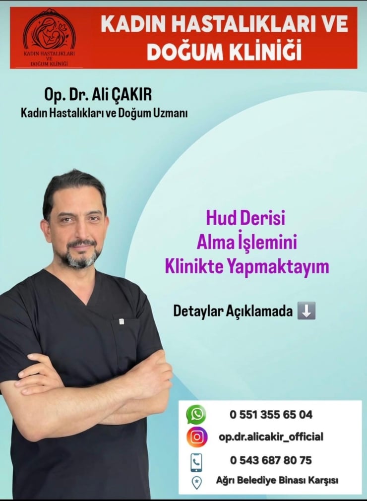Poster advertising a women's health and delivery clinic with Dr. Ali ÇAKIR and contact details
