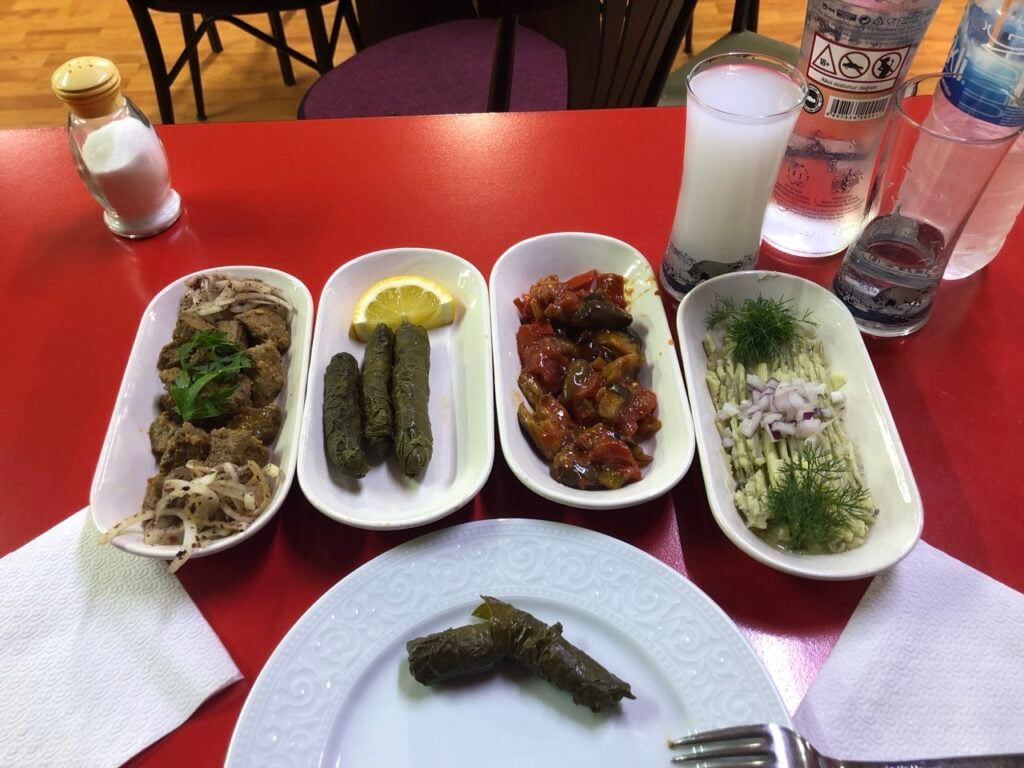 Meze platter with stuffed grape leaves, fried meat with onions, roasted vegetable stew, and onion-dill salad on a red table.