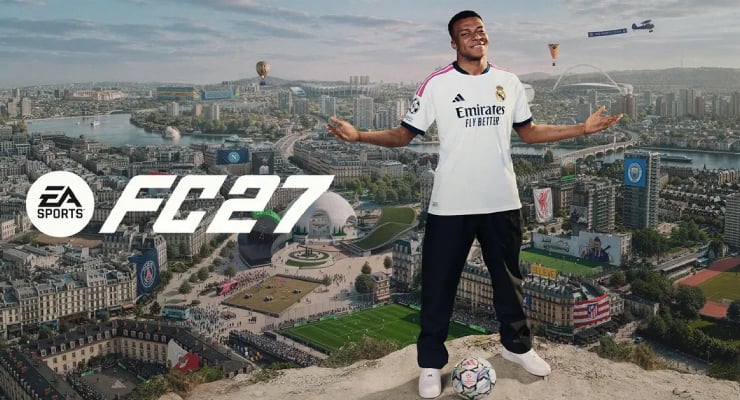Promo image for EA Sports FC 27 featuring a Real Madrid player on a hill with a soccer ball, city skyline behind and the EA Sports FC 27 logo.