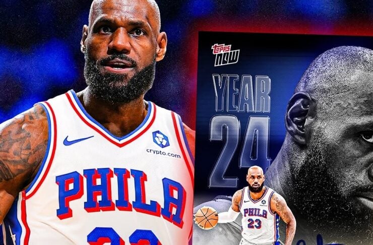 Collage showing LeBron James in a Philadelphia 23 jersey beside a Topps Now card with his image and autograph, announcing his 24th season