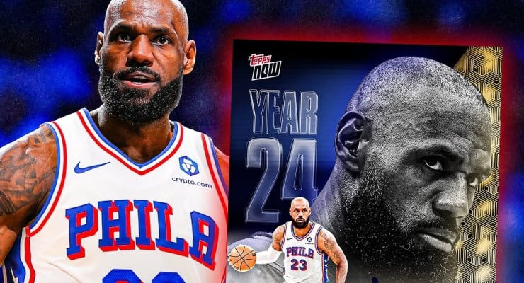 LeBron James in a Philadelphia 76ers jersey beside a glossy trading card labeled 'Year 24' and Topps Now logo in a dramatic stadium setting.