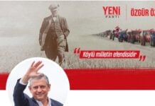Campaign banner with a man in a suit waving, red accents, and tractors in the background (political imagery).