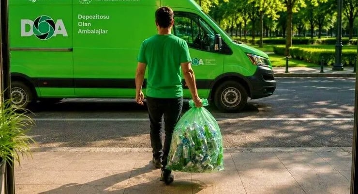 Man in a green shirt carries a large bag of bottles toward a bright green delivery van with a circular logo on the side, in a tree-lined area.