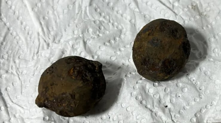 Two small dark brown truffles on a white textured napkin.