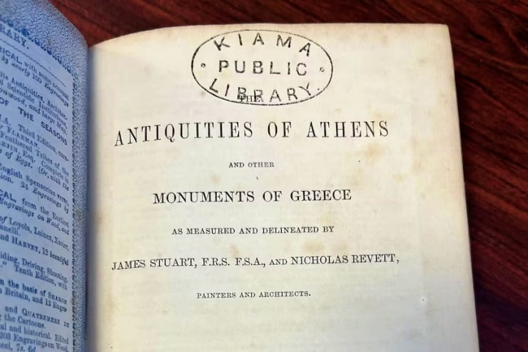 Open book page titled Antiquities of Athens and Other Monuments of Greece, by James Stuart and Nicholas Revett; Kiama Public Library stamp visible.