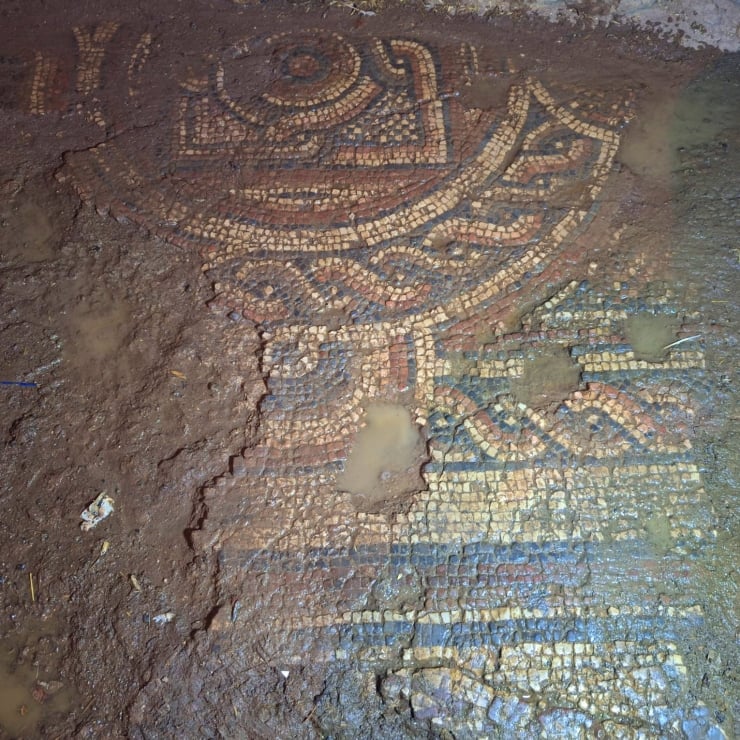 Mosaic tile design embedded in muddy ground, featuring circular and geometric patterns.
