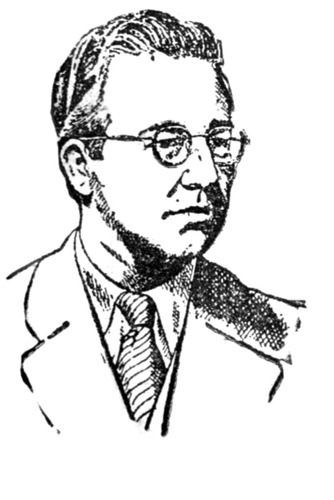 Sketch of a man with glasses wearing a suit and tie (head-and-shoulders portrait).