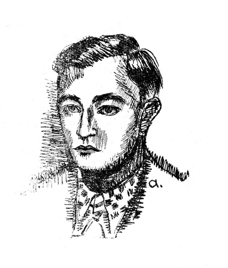 Black-and-white pencil sketch of a young man with short hair, wearing a collared shirt and jacket, facing slightly left.