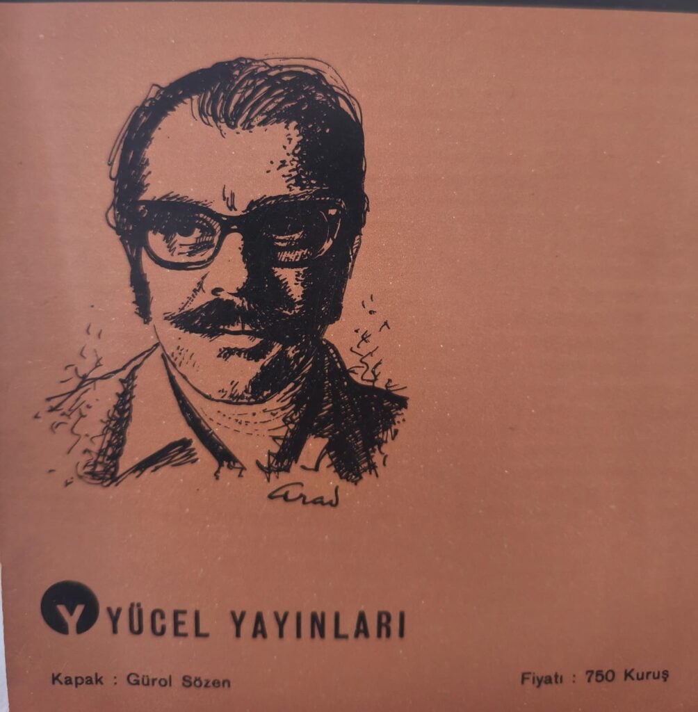 Sketch of a man with glasses and a mustache on a pink book cover from Yücel Yayınları.