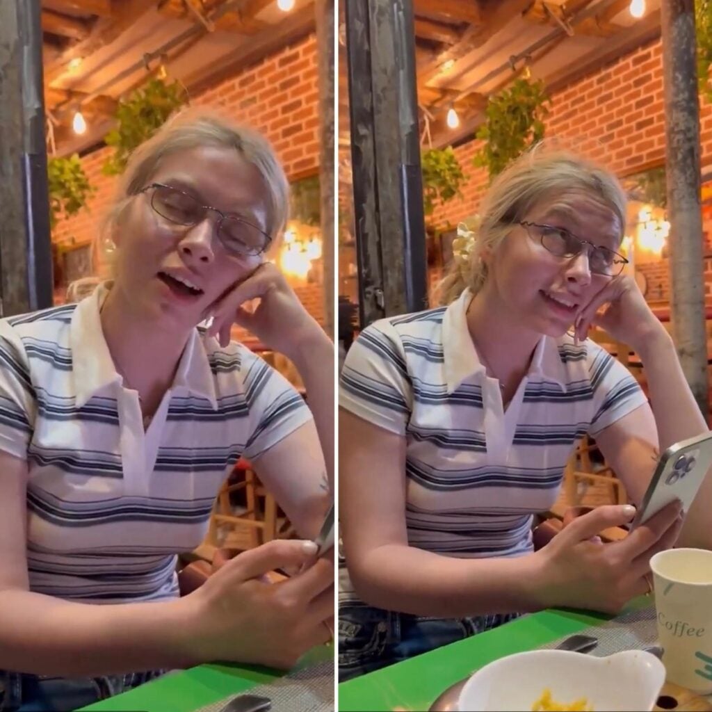 Diptych: woman with short blonde hair and glasses at a restaurant, resting her head on her hand while looking at a smartphone.