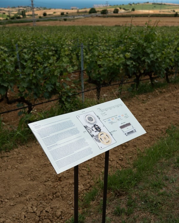 Informational sign on a metal stand in a vineyard, featuring diagrams and text about equipment.