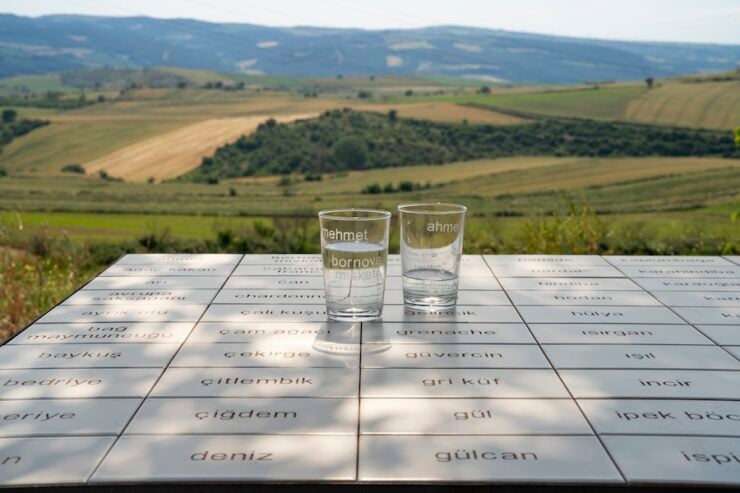 Two clear glasses on a tiled table engraved with Turkish words, with rolling hills in the background.