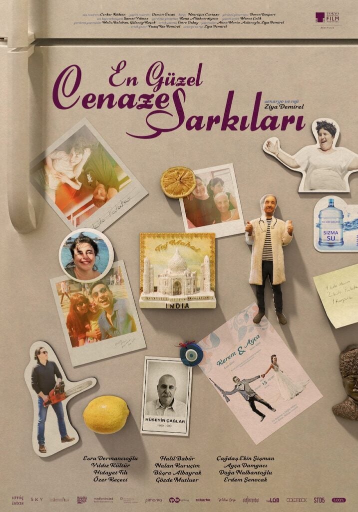Promotional poster for the Turkish film 'En Güzel Cenaze Şarkıları' featuring a collage of photos, a miniature man, and a lemon on a beige background.