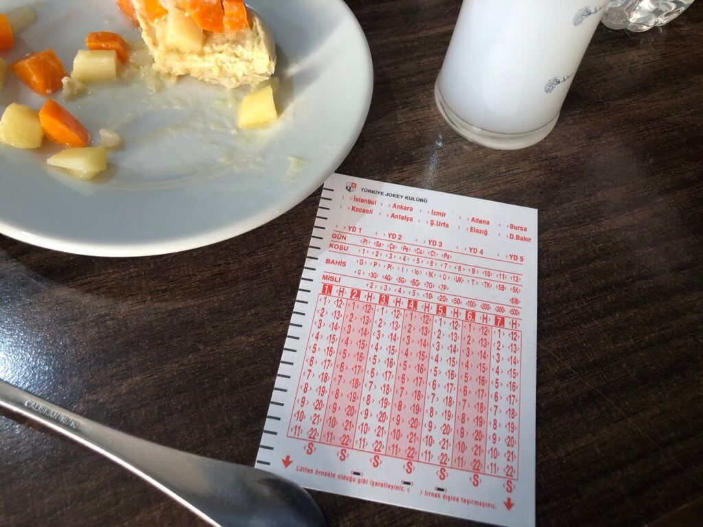 Plate with a few carrot and potato chunks and a bit of creamy dish, a knife nearby on a dark wooden table, and a Turkish lottery ticket beside it.