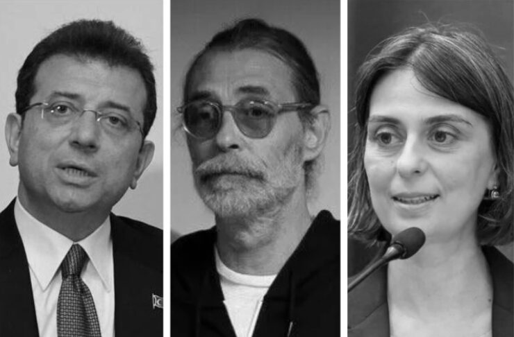 Three grayscale portraits of speakers in a panel: a man in a suit and glasses, a man with a beard and sunglasses, and a woman at a podium.