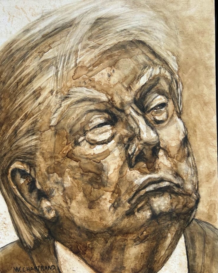 Portrait painting of an elderly man with a wrinkled face, looking upward with a somber expression.