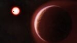 Artistic space scene: a large dark planet with a reddish glow along its edge, near a bright red star and a tiny orbiting dot.
