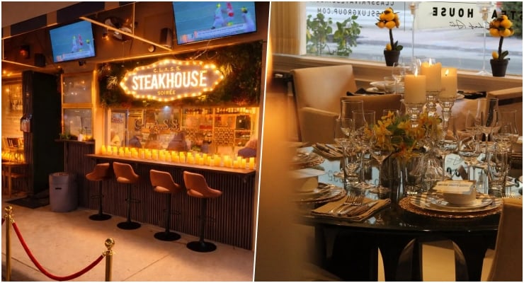 Split scene: a neon-lit steakhouse bar with stools on the left and a candlelit dining table with flowers on the right.