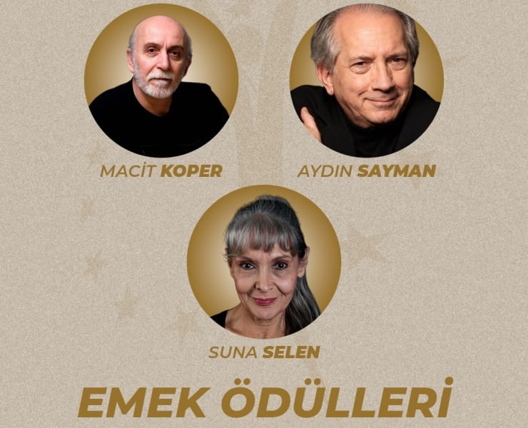 Poster featuring three circular gold-framed headshots: Macit Koper, Aydin Sayman, and Suna Selen, on a beige textured background with 'EMEK ÖDÜLLERİ' text beneath.