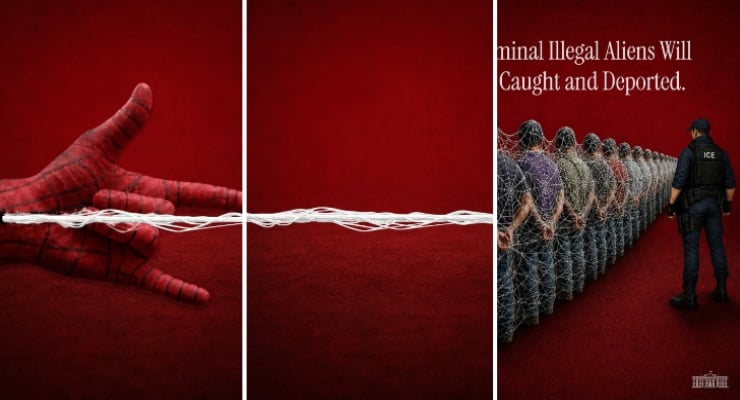 Triptych of a red background, a gloved hand and rope leading to a line of detainees with an officer; deportation message included.