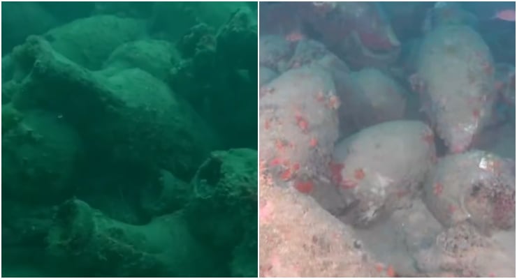 Underwater scene split in two: left shows a green-tinted rocky seabed, right shows light-colored rocks with red barnacles.