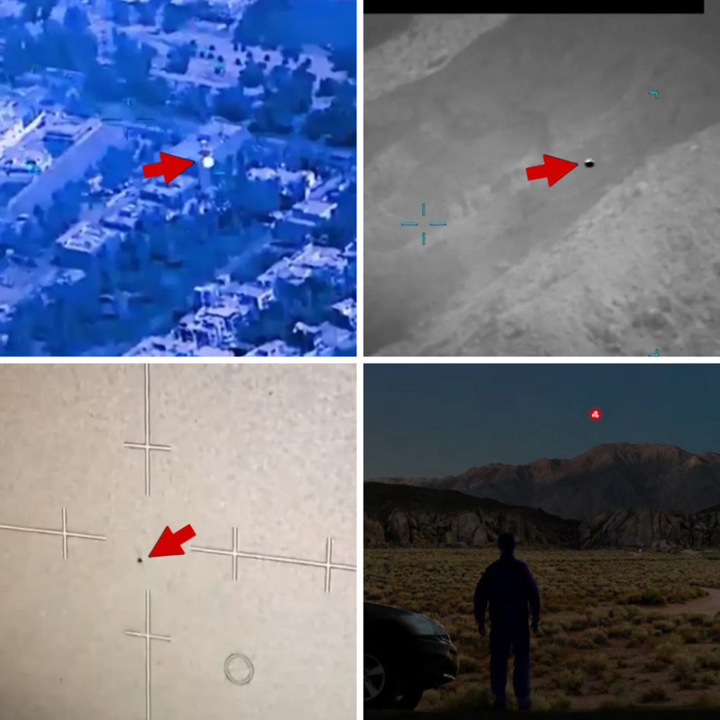 Drone view of a blue-toned neighborhood with a red arrow marking a small target point on a rooftop. (Informative, target identification)