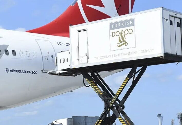 White scissor lift truck loads a cargo container labeled Turkish DO & CO into a parked Airbus A330-300 at the airport.