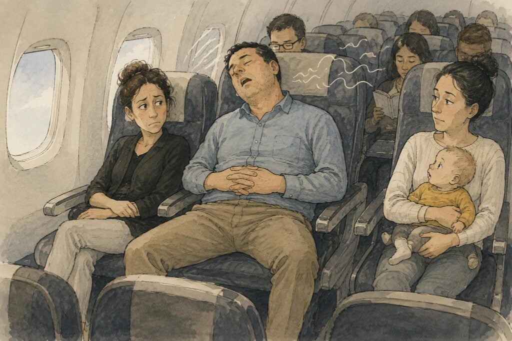 A man in a blue shirt sleeps with folded hands as a worried woman sits next to him, while a mother holds a baby on the other side in an airplane cabin.