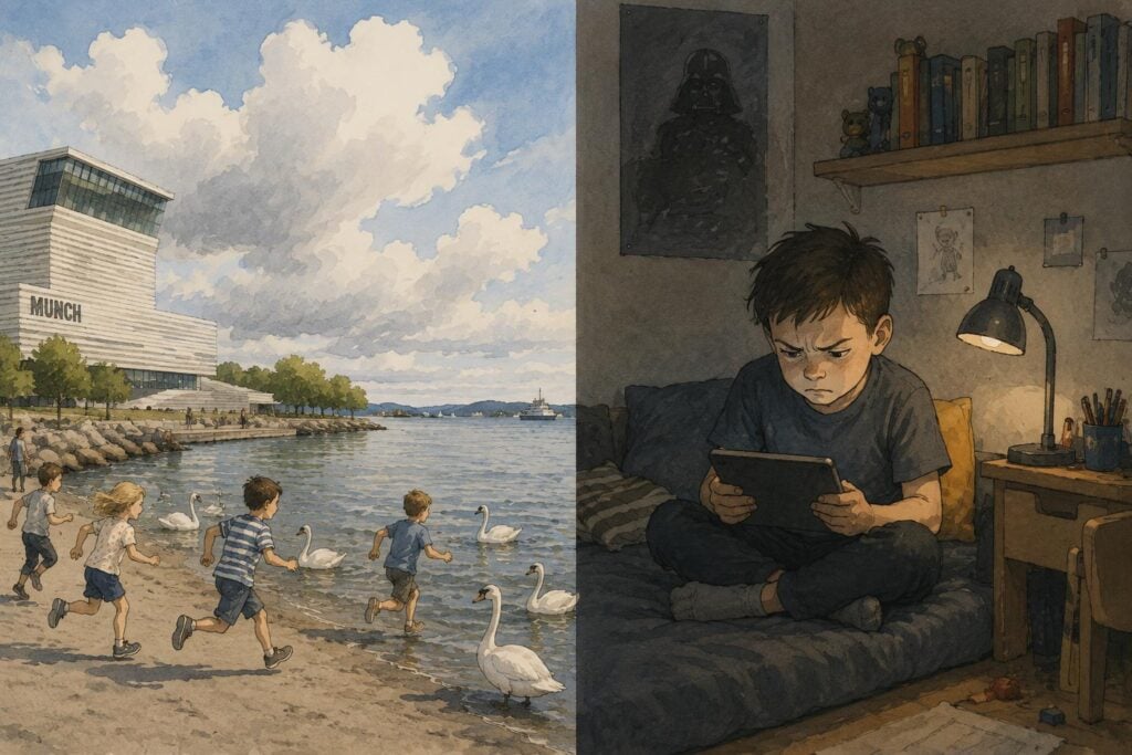 Split-image illustration: left side shows children at a lakeside beach feeding swans near a modern building labeled 'MUNCH'; right side shows a boy sitting on a bed in a dim room, reading a tablet by a desk lamp with books above.