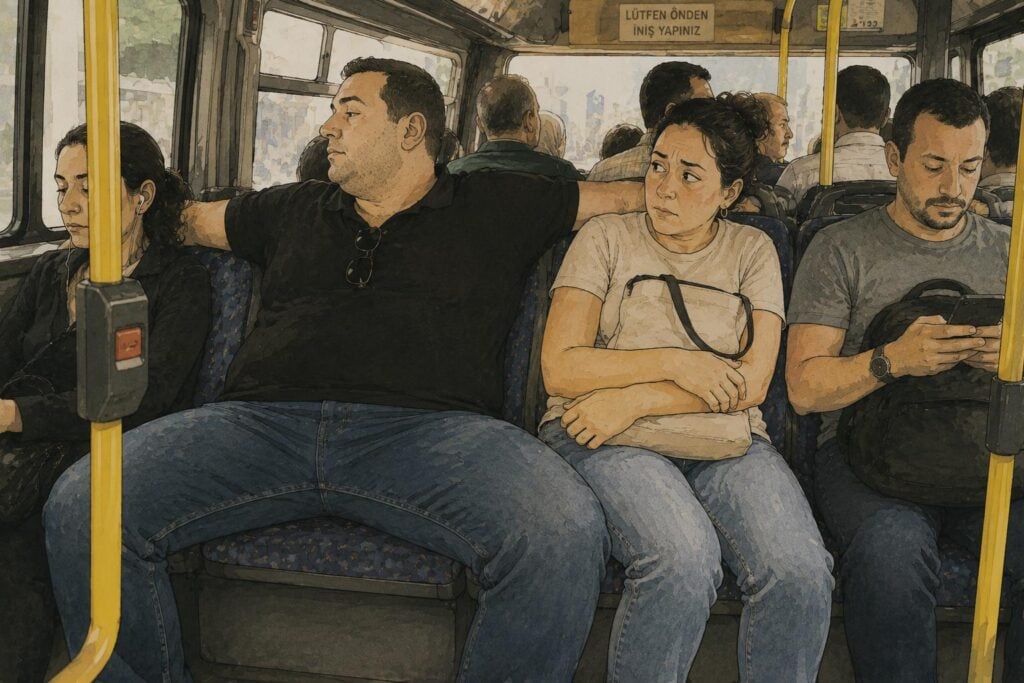 People seated on a bus; a large man in a black shirt rests his arm on the seat, a woman with a tote looks to the side, and a man on the right checks his phone nearby.