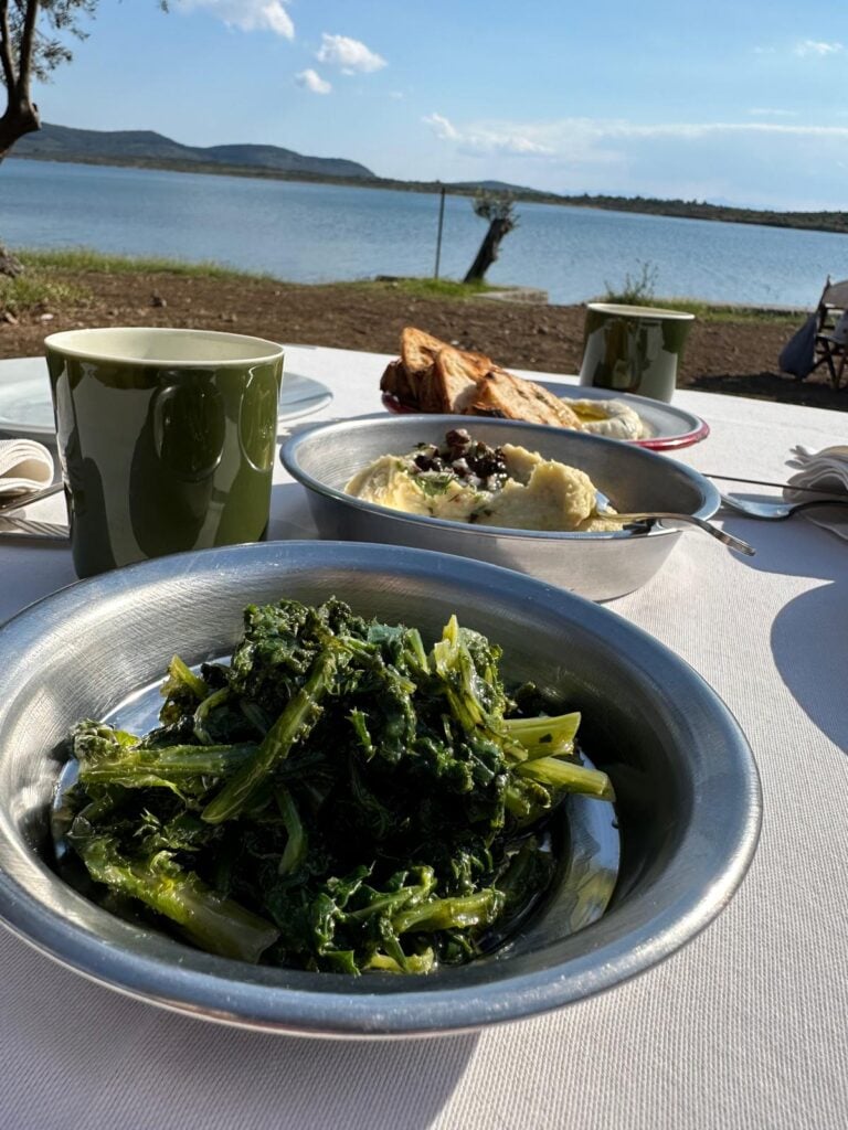 Outdoor lakeside picnic table with plates of greens, bread, and dips, plus green mugs on a white tablecloth by the water.