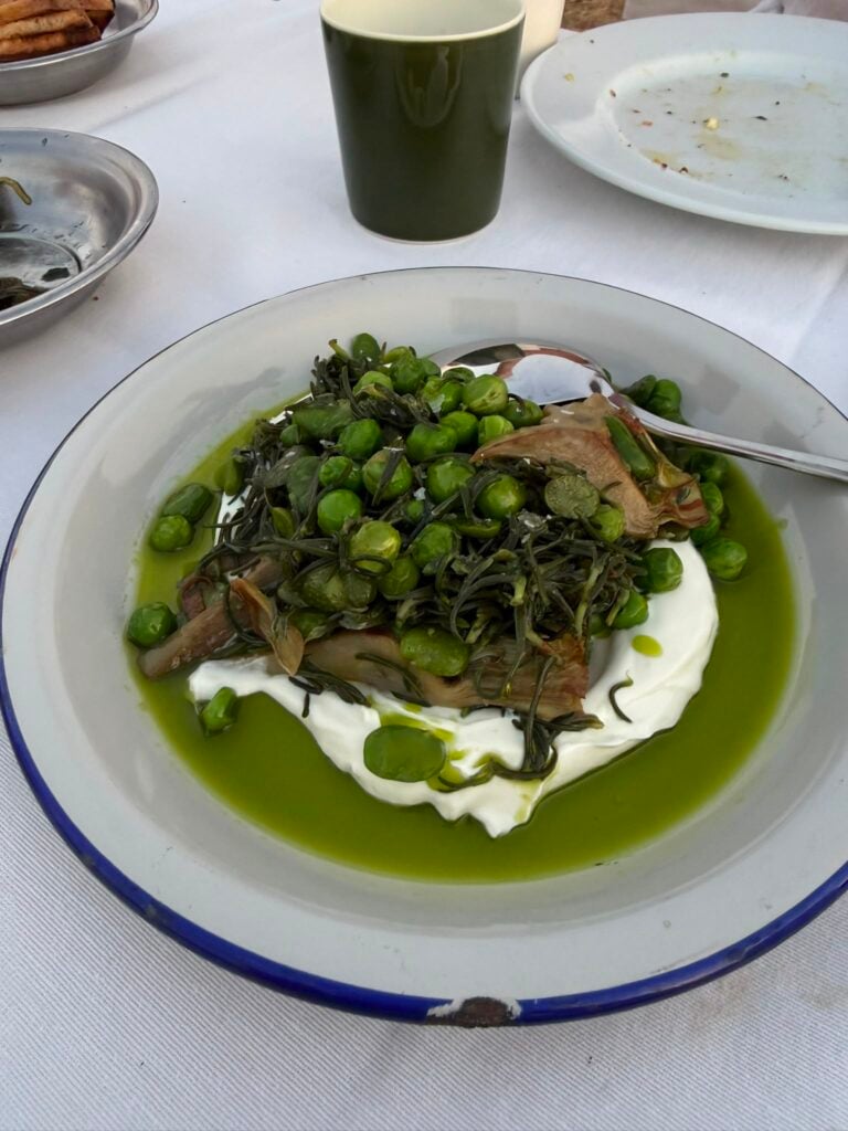 Plate of burrata topped with peas and greens in a bright green herb sauce.