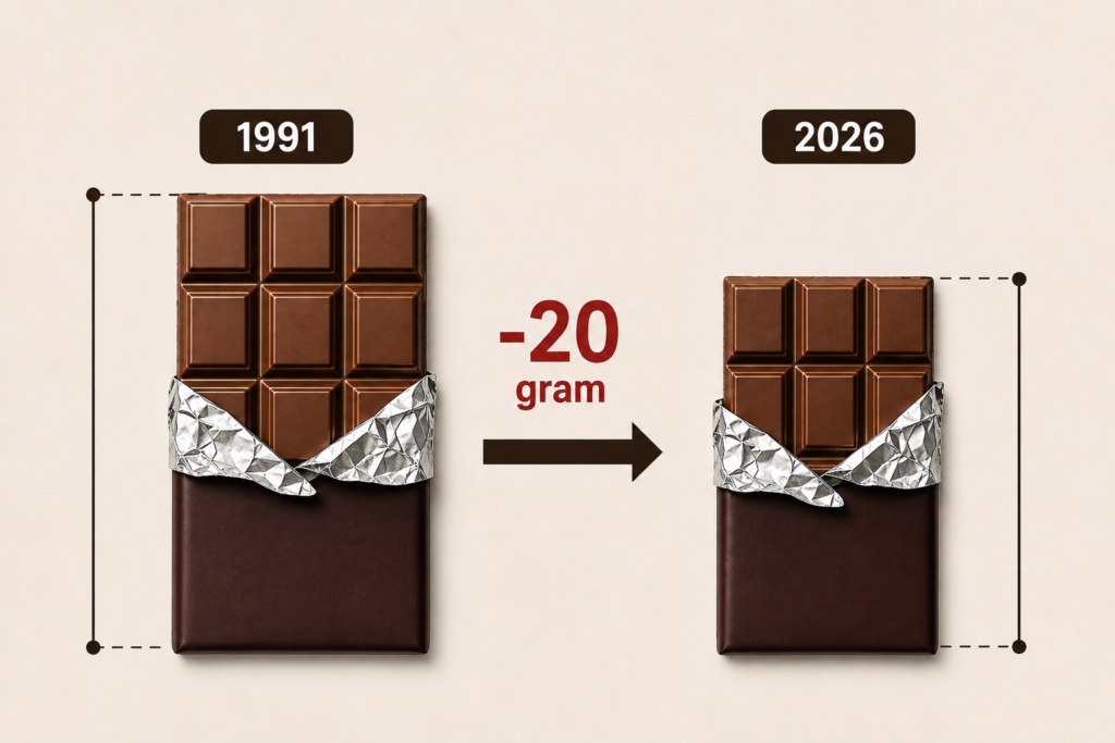 Chocolate bars show a 20-gram reduction from left (1991) to right (2026) with peeled foil on both bars.