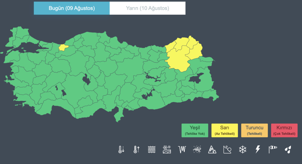 Map of Turkey with color-coded risk regions: today in green (no danger) and two yellow zones; tomorrow shows the same colors with yellow zones highlighted; legend shows green = no danger, yellow = low risk, orange = medium risk, red = high risk.